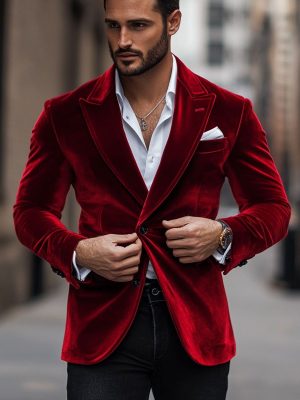 Men's Red Velvet Vintage Blazer - Single Breasted Lapel Jacket with 24-Hour Shipping