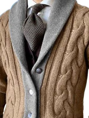 Two-Tone Knitted Cardigan for Men – Casual Single-Breasted Lapel Sweater with 24-Hour Shipping