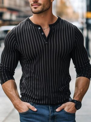 Men's Long Sleeve Henley T-Shirt with Contrast Vertical Stripes – Casual Cotton Casual Top for Men