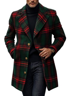 Men's Retro Red Green Plaid Wool Coat – Classic Lapel Design, Fast 24-Hour Shipping