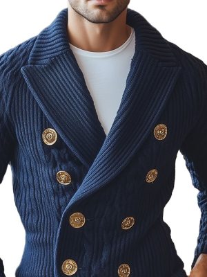 Men's Double-Breasted Knit Cardigan with Metal Buttons – Elegant Lapel Design, Ships in 24 Hours