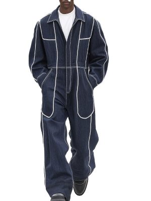 Men's Vintage Denim Jumpsuit with Multi-Pockets – Contrast Color Design, Fast 24-Hour Shipping