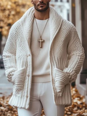Men's Warm Knitted Cardigan with Lapel & Double Pockets – Solid Color, Single-Breasted, Fast 24-Hour Shipping