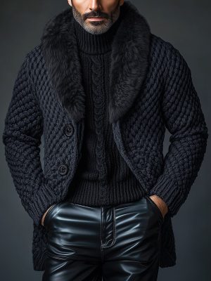 Vintage Faux Fur Collar Knitted Cardigan – Single-Breasted, Fast 24-Hour Shipping
