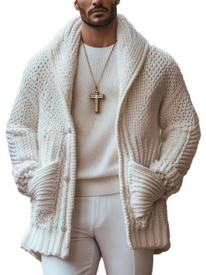Men's Warm Knitted Cardigan with Lapel & Double Pockets – Solid Color, Single-Breasted, Fast 24-Hour Shipping