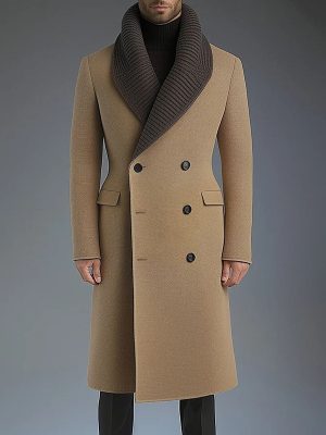 Business-Style Knit Patchwork Overcoat with Shawl Lapel & Double-Breasted Design – Ships in 24 Hours