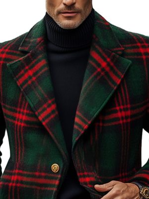 Men's Retro Red Green Plaid Wool Coat – Classic Lapel Design, Fast 24-Hour Shipping