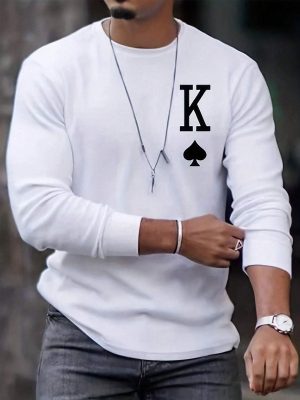 Men's Casual Long Sleeve T-Shirt with Round Neck and Bold Letter Print