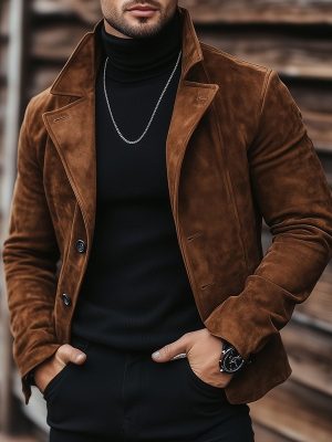 Vintage Suede Lapel Jacket for Men – Casual Blazer with 24-Hour Fast Shipping