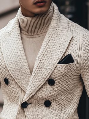 Vintage Double-Breasted Knitted Blazer with 3-Pocket Design – Business Lapel Jacket, Ships in 24 Hours