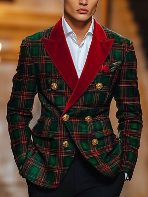 Men's Festive Plaid Blazer with Double-Breasted Design & Notched Lapel – Fast 24-Hour Shipping
