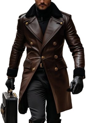 Vintage Leather Double-Breasted Overcoat for Men – Business Style, 24-Hour Shipping