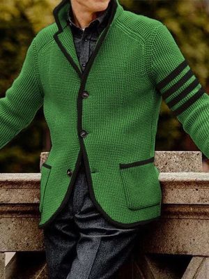 Men's Casual Knitted Cardigan with Contrast Lapel & Double Pockets – Ships in 24 Hours