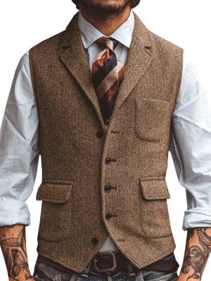 Men's Herringbone Blazer Vest with Notched Lapel and 3-Pocket Design