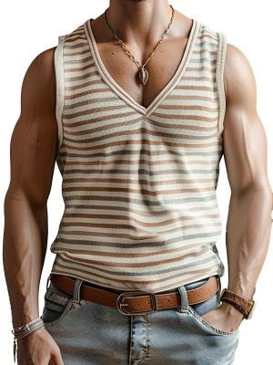 Men's Vintage Colorful Striped V-Neck Tank Top – Retro Casual Sleeveless Shirt