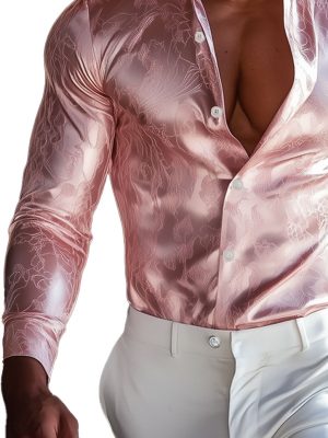 Men's Pink Satin Dress Shirt – Elegant Long Sleeve Formal Button-Down for Business & Occasions