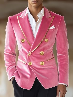 Men's Pink Velvet Vintage Double-Breasted Blazer – Fast 24-Hour Shipping