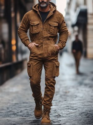 Men's Vintage Suede Hooded Jumpsuit with Kangaroo Pocket – Long Sleeve Casual Romper, Ships in 24 Hours