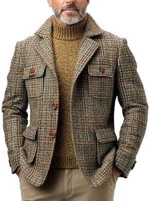 Men's Vintage Plaid Casual Coat with Multi-Pockets – Single-Breasted Lapel Jacket, Ships in 24 Hours