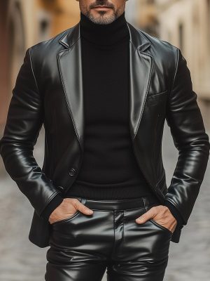 Men's Casual Leather Jacket with Lapel & 3 Pockets – Fast 24-Hour Shipping