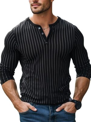 Men's Long Sleeve Henley T-Shirt with Contrast Vertical Stripes – Casual Cotton Casual Top for Men