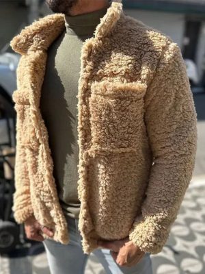 Sherpa Thermal Coat with Double Pockets – Single-Breasted Lapel Winter Jacket, Ships in 24 Hours
