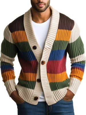 Men's Rainbow Striped Long Sleeve Knit Cardigan – Casual Cotton Blend, Fast 24-Hour Shipping