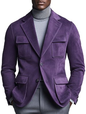 Men's Purple Suede Blazer with Lapel & Multi-Pockets – Fast 24-Hour Shipping