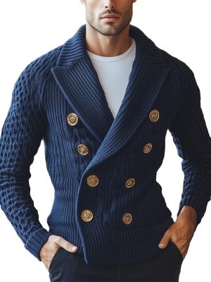 Men's Double-Breasted Knit Cardigan with Metal Buttons – Elegant Lapel Design, Ships in 24 Hours