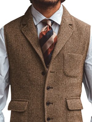 Men's Herringbone Blazer Vest with Notched Lapel and 3-Pocket Design