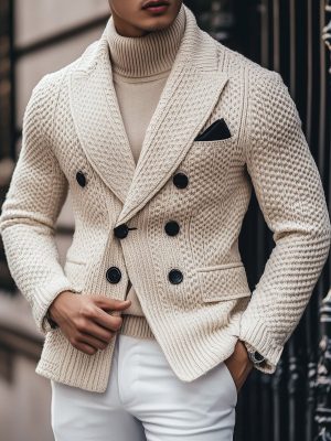 Vintage Double-Breasted Knitted Blazer with 3-Pocket Design – Business Lapel Jacket, Ships in 24 Hours