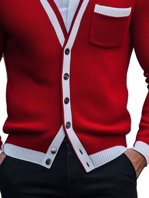 Men's Contrast Color Knitted Cardigan – Single-Breasted, Fast 24-Hour Shipping