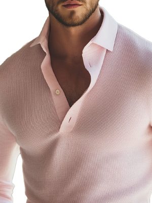 Men's Pink Long Sleeve Knit T-Shirt with Half-Open Collar – Fast 24-Hour Shipping