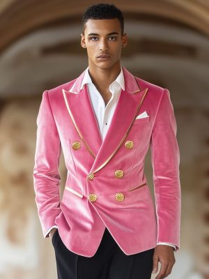 Men's Pink Velvet Vintage Double-Breasted Blazer – Fast 24-Hour Shipping