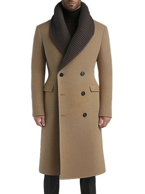 Business-Style Knit Patchwork Overcoat with Shawl Lapel & Double-Breasted Design – Ships in 24 Hours