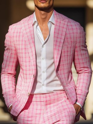 Men's Pink Plaid Blazer – Slim Fit Casual Single-Breasted Jacket for Everyday Wear