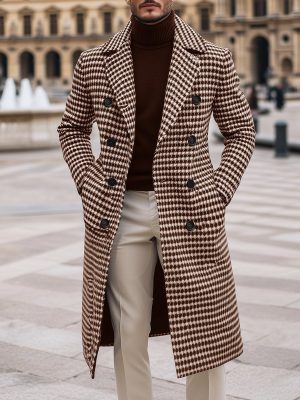 Retro Houndstooth Double-Breasted Long Coat for Women – Fast 24-Hour Shipping