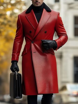 Business-Style Double-Breasted Leather Overcoat with 24-Hour Shipping