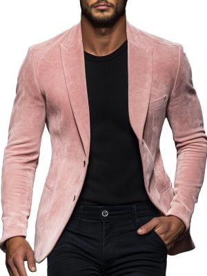 Men's Pink Suede Blazer – Casual Single-Breasted Lapel Jacket with 24-Hour Shipping