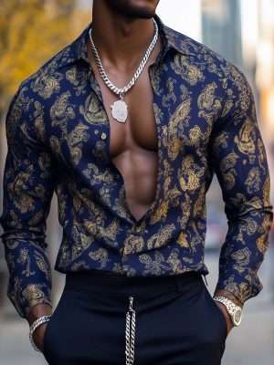 Men's Gold Paisley Satin Dress Shirt – Long Sleeve Formal Button Down for Men