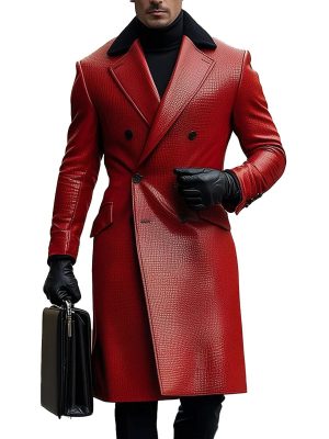 Business-Style Double-Breasted Leather Overcoat with 24-Hour Shipping