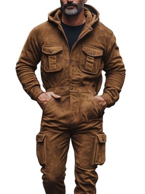 Men's Vintage Suede Hooded Jumpsuit with Kangaroo Pocket – Long Sleeve Casual Romper, Ships in 24 Hours