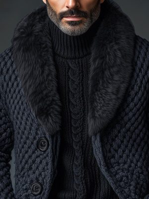 Vintage Faux Fur Collar Knitted Cardigan – Single-Breasted, Fast 24-Hour Shipping