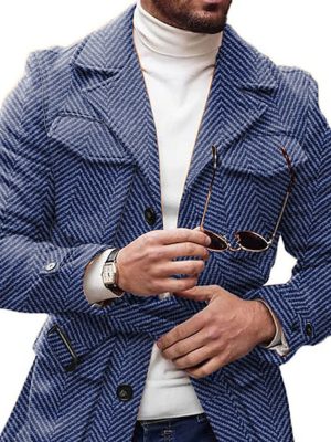 Vintage Herringbone Wool Coat with Lapel & Lace-Up Detail – 4-Pocket Casual Outerwear, Ships in 24 Hours