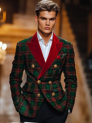 Men's Festive Plaid Blazer with Double-Breasted Design & Notched Lapel – Fast 24-Hour Shipping