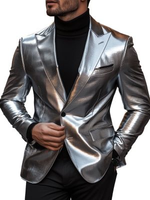 Stylish Silver Leather Blazer – Single-Breasted Lapel Jacket with 24-Hour Shipping