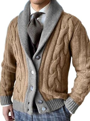 Two-Tone Knitted Cardigan for Men – Casual Single-Breasted Lapel Sweater with 24-Hour Shipping