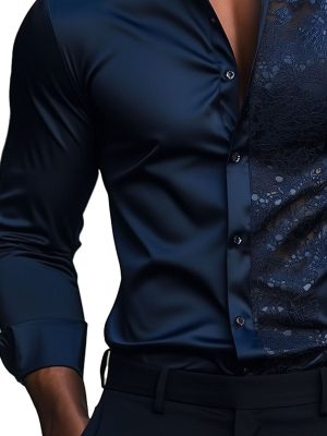 Men's Satin Long Sleeve Shirt with Lace Panel Detail – Elegant Casual Dress Shirt for Men