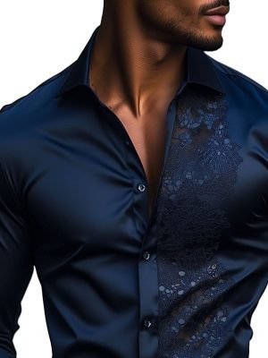 Men's Satin Long Sleeve Shirt with Lace Panel Detail – Elegant Casual Dress Shirt for Men
