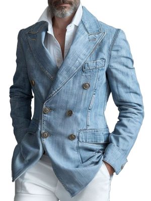 Men's Double-Breasted Denim Blazer with Pockets – Casual Slim-Fit Jacket, Ships in 24 Hours